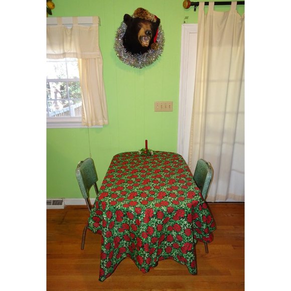 Vintage Red & Green Christmas Poinsettia Tablecloth mcm retro kitsch holiday - Picture 8 of 10